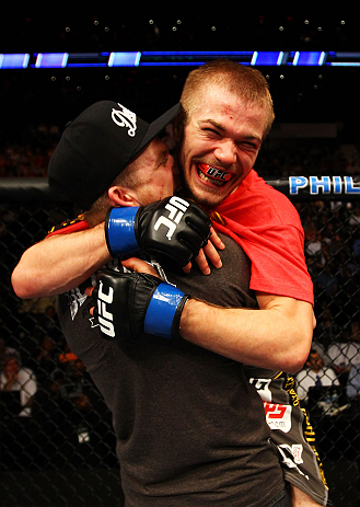 ATLANTA, GA - APRIL 21:  Michael McDonald celebrates defeating Miguel Angel Torres by knockout in the first round during their Bantamweight bout for UFC 145 at Philips Arena on April 21, 2012 in Atlanta, Georgia.  (Photo by Al Bello/Zuffa LLC/Zuffa LLC vi