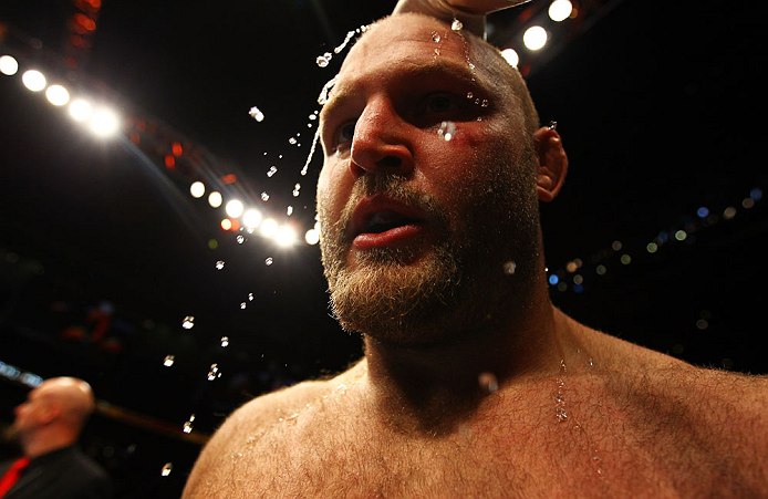 ATLANTA, GA - APRIL 21: Water is applied to Ben Rothwell's head after he defeated Brendan Schaub by TKO in the first round of their heavyweight bout for UFC 145 at Philips Arena on April 21, 2012 in Atlanta, Georgia. (Photo by Al Bello/Zuffa LLC/Zuffa L