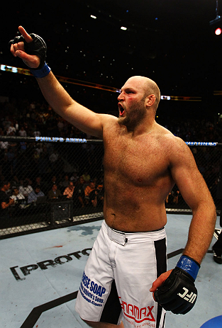 ATLANTA, GA - APRIL 21: Ben Rothwell celebrates defeating Brendan Schaub by TKO during their heavyweight bout for UFC 145 at Philips Arena on April 21, 2012 in Atlanta, Georgia. (Photo by Al Bello/Zuffa LLC/Zuffa LLC via Getty Images)