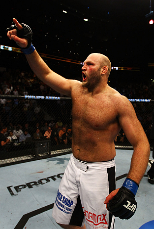 ATLANTA, GA - APRIL 21:  Ben Rothwell celebrates defeating Brendan Schaub by TKO during their heavyweight bout for UFC 145 at Philips Arena on April 21, 2012 in Atlanta, Georgia.  (Photo by Al Bello/Zuffa LLC/Zuffa LLC via Getty Images)