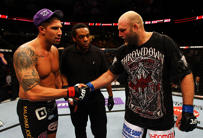 ATLANTA, GA - APRIL 21: Brendan Schaub (L) shakes hands with Ben Rothwell after Rothwell defeated him by TKO in their heavyweight bout for UFC 145 at Philips Arena on April 21, 2012 in Atlanta, Georgia. (Photo by Al Bello/Zuffa LLC/Zuffa LLC via Getty I