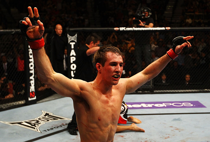 ATLANTA, GA - APRIL 21: Rory MacDonald celebrates as he defeats Che Mills by TKO during their welterweight bout for UFC 145 at Philips Arena on April 21, 2012 in Atlanta, Georgia. (Photo by Al Bello/Zuffa LLC/Zuffa LLC via Getty Images)