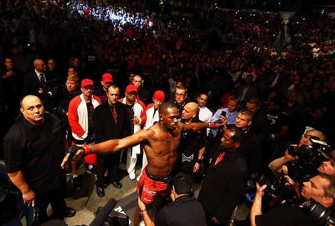 ATLANTA, GA - APRIL 21: Jon Jones prepares for his light heavyweight title bout against Rashad Evans for UFC 145 at Philips Arena on April 21, 2012 in Atlanta, Georgia. (Photo by Al Bello/Zuffa LLC/Zuffa LLC via Getty Images)