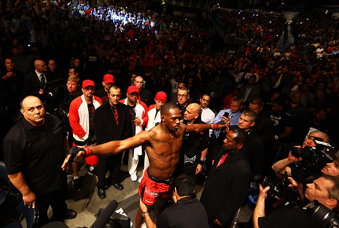 ATLANTA, GA - APRIL 21:  Jon Jones prepares for his light heavyweight title bout against Rashad Evans for UFC 145 at Philips Arena on April 21, 2012 in Atlanta, Georgia.  (Photo by Al Bello/Zuffa LLC/Zuffa LLC via Getty Images)