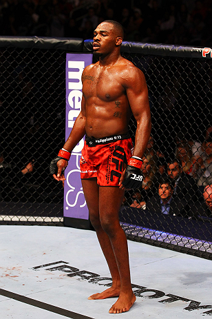 ATLANTA, GA - APRIL 21: Jon Jones looks on during his light heavyweight title bout with Rashad Evans for UFC 145 at Philips Arena on April 21, 2012 in Atlanta, Georgia. (Photo by Al Bello/Zuffa LLC/Zuffa LLC via Getty Images)