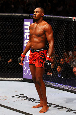 ATLANTA, GA - APRIL 21:  Jon Jones looks on during his light heavyweight title bout with Rashad Evans for UFC 145 at Philips Arena on April 21, 2012 in Atlanta, Georgia.  (Photo by Al Bello/Zuffa LLC/Zuffa LLC via Getty Images)