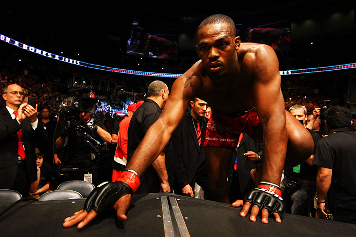 ATLANTA, GA - APRIL 21: Jon Jones climbs into the octagon for his light heavyweight title bout with Rashad Evans for UFC 145 at Philips Arena on April 21, 2012 in Atlanta, Georgia. (Photo by Al Bello/Zuffa LLC/Zuffa LLC via Getty Images)
