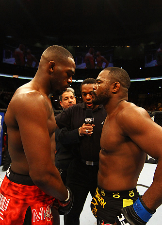 ATLANTA, GA - APRIL 21: Jon Jones (R) squares off with Rashad Evans prior to their light heavyweight title bout for UFC 145 at Philips Arena on April 21, 2012 in Atlanta, Georgia. (Photo by Al Bello/Zuffa LLC/Zuffa LLC via Getty Images)