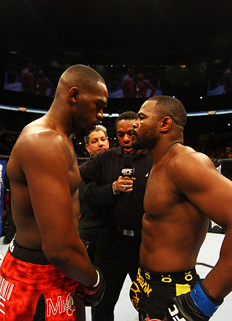 ATLANTA, GA - APRIL 21:  Jon Jones (R) squares off with Rashad Evans prior to their light heavyweight title bout for UFC 145 at Philips Arena on April 21, 2012 in Atlanta, Georgia.  (Photo by Al Bello/Zuffa LLC/Zuffa LLC via Getty Images)