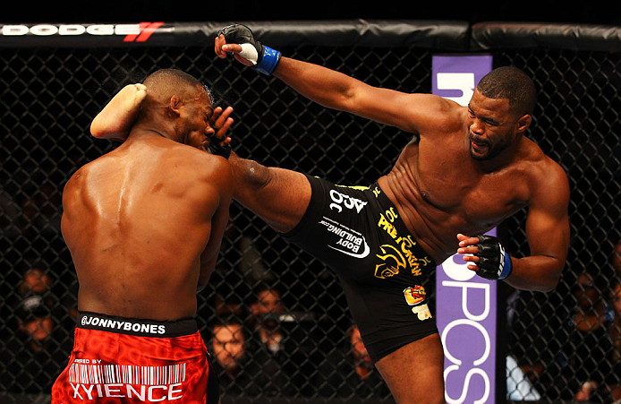 ATLANTA, GA - APRIL 21: Rashad Evans (R) kicks Jon Jones during their light heavyweight title bout for UFC 145 at Philips Arena on April 21, 2012 in Atlanta, Georgia. (Photo by Al Bello/Zuffa LLC/Zuffa LLC via Getty Images)