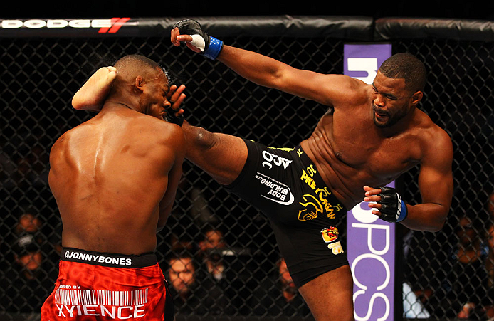 ATLANTA, GA - APRIL 21:  Rashad Evans (R) kicks Jon Jones during their light heavyweight title bout for UFC 145 at Philips Arena on April 21, 2012 in Atlanta, Georgia.  (Photo by Al Bello/Zuffa LLC/Zuffa LLC via Getty Images)