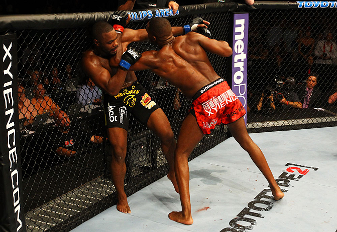 ATLANTA, GA - APRIL 21: Jon Jones (R) elbows Rashad Evans during their light heavyweight title bout for UFC 145 at Philips Arena on April 21, 2012 in Atlanta, Georgia. (Photo by Al Bello/Zuffa LLC/Zuffa LLC via Getty Images)