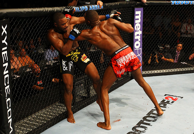 ATLANTA, GA - APRIL 21:  Jon Jones (R) elbows Rashad Evans during their light heavyweight title bout for UFC 145 at Philips Arena on April 21, 2012 in Atlanta, Georgia.  (Photo by Al Bello/Zuffa LLC/Zuffa LLC via Getty Images)