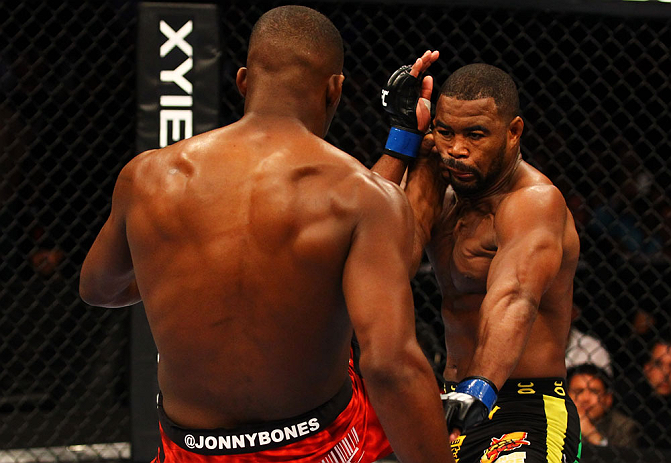 ATLANTA, GA - APRIL 21: Jon Jones (L) kicks Rashad Evans during their light heavyweight title bout for UFC 145 at Philips Arena on April 21, 2012 in Atlanta, Georgia. (Photo by Al Bello/Zuffa LLC/Zuffa LLC via Getty Images)