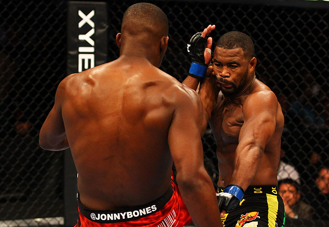 ATLANTA, GA - APRIL 21:  Jon Jones (L) kicks Rashad Evans during their light heavyweight title bout for UFC 145 at Philips Arena on April 21, 2012 in Atlanta, Georgia.  (Photo by Al Bello/Zuffa LLC/Zuffa LLC via Getty Images)