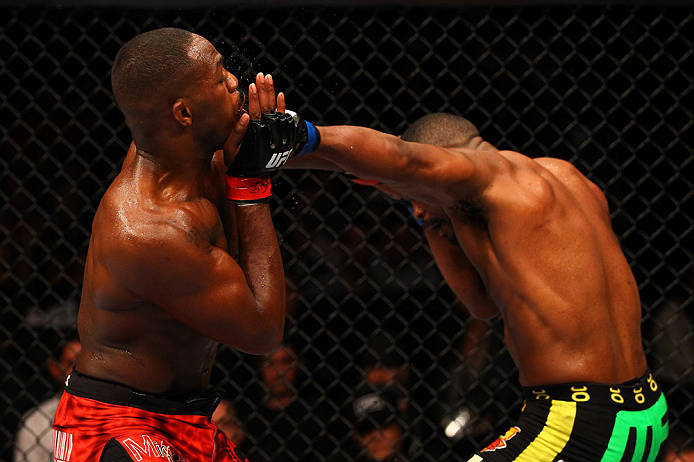 ATLANTA, GA - APRIL 21: Rashad Evans (R) hits Jon Jones during their light heavyweight title bout for UFC 145 at Philips Arena on April 21, 2012 in Atlanta, Georgia. (Photo by Al Bello/Zuffa LLC/Zuffa LLC via Getty Images)