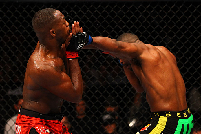 ATLANTA, GA - APRIL 21:  Rashad Evans (R) hits Jon Jones during their light heavyweight title bout for UFC 145 at Philips Arena on April 21, 2012 in Atlanta, Georgia.  (Photo by Al Bello/Zuffa LLC/Zuffa LLC via Getty Images)