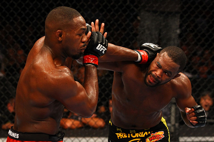 ATLANTA, GA - APRIL 21: Rashad Evans (R) and Jon Jones exchange blows during their light heavyweight title bout for UFC 145 at Philips Arena on April 21, 2012 in Atlanta, Georgia. (Photo by Al Bello/Zuffa LLC/Zuffa LLC via Getty Images)