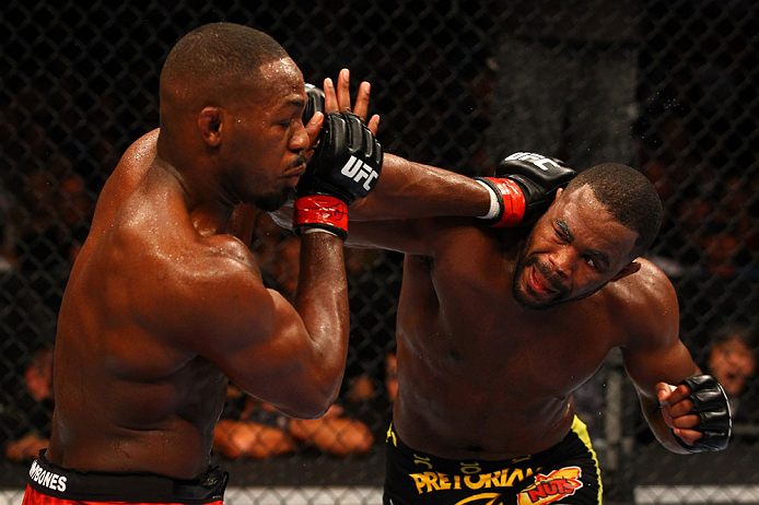 ATLANTA, GA - APRIL 21:  Rashad Evans (R) and Jon Jones exchange blows during their light heavyweight title bout for UFC 145 at Philips Arena on April 21, 2012 in Atlanta, Georgia.  (Photo by Al Bello/Zuffa LLC/Zuffa LLC via Getty Images)