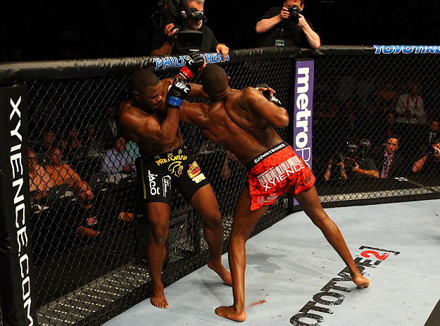 ATLANTA, GA - APRIL 21: Jon Jones (R) elbows Rashad Evans during their light heavyweight title bout for UFC 145 at Philips Arena on April 21, 2012 in Atlanta, Georgia. (Photo by Al Bello/Zuffa LLC/Zuffa LLC via Getty Images)
