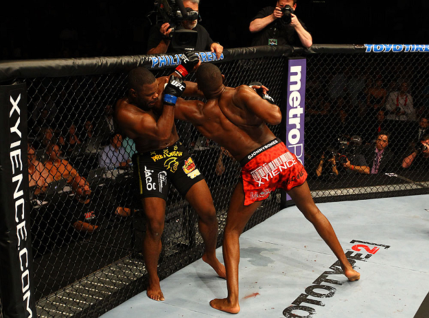 ATLANTA, GA - APRIL 21:  Jon Jones (R) elbows Rashad Evans during their light heavyweight title bout for UFC 145 at Philips Arena on April 21, 2012 in Atlanta, Georgia.  (Photo by Al Bello/Zuffa LLC/Zuffa LLC via Getty Images)