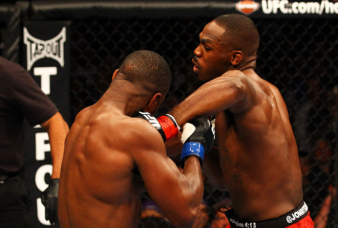 ATLANTA, GA - APRIL 21:  Jon Jones (R) punches Rashad Evans during their light heavyweight title bout for UFC 145 at Philips Arena on April 21, 2012 in Atlanta, Georgia.  (Photo by Al Bello/Zuffa LLC/Zuffa LLC via Getty Images)