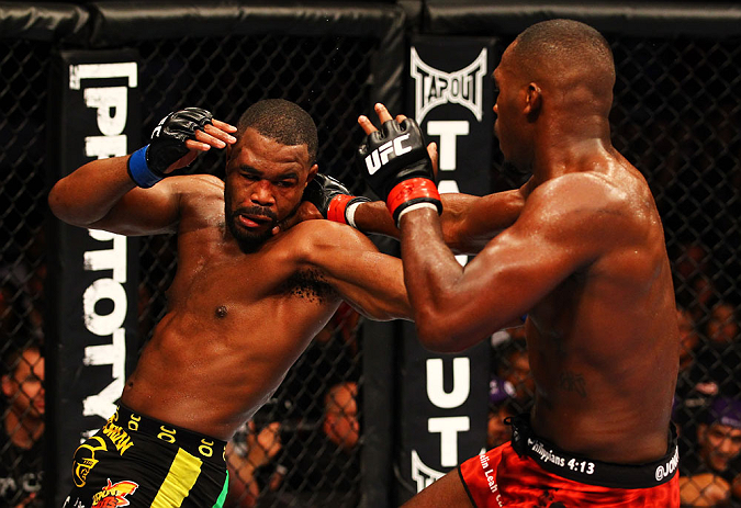 ATLANTA, GA - APRIL 21:  Jon Jones (R) punches Rashad Evans during their light heavyweight title bout for UFC 145 at Philips Arena on April 21, 2012 in Atlanta, Georgia.  (Photo by Al Bello/Zuffa LLC/Zuffa LLC via Getty Images)