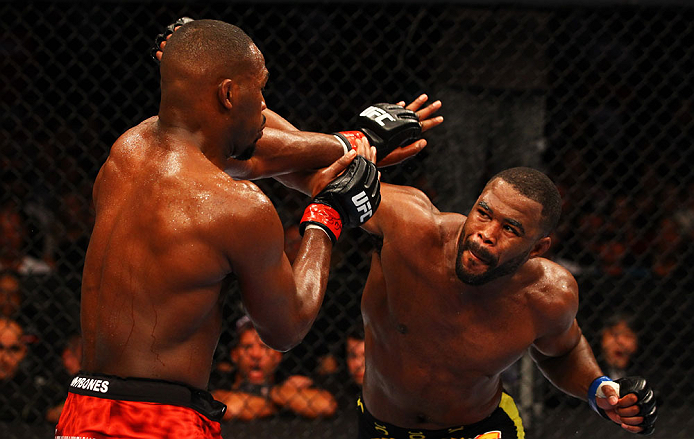 ATLANTA, GA - APRIL 21: Jon Jones (L) blocks a punch by Rashad Evans during their light heavyweight title bout for UFC 145 at Philips Arena on April 21, 2012 in Atlanta, Georgia. (Photo by Al Bello/Zuffa LLC/Zuffa LLC via Getty Images)
