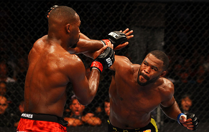 ATLANTA, GA - APRIL 21:  Jon Jones (L) blocks a punch by Rashad Evans during their light heavyweight title bout for UFC 145 at Philips Arena on April 21, 2012 in Atlanta, Georgia.  (Photo by Al Bello/Zuffa LLC/Zuffa LLC via Getty Images)