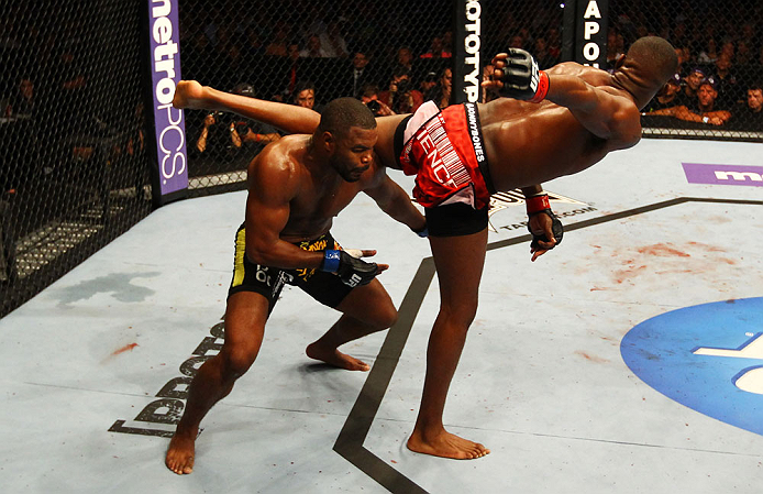 ATLANTA, GA - APRIL 21: Jon Jones (R) kicks Rashad Evans during their light heavyweight title bout for UFC 145 at Philips Arena on April 21, 2012 in Atlanta, Georgia. (Photo by Al Bello/Zuffa LLC/Zuffa LLC via Getty Images)