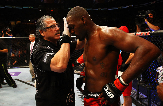 ATLANTA, GA - APRIL 21: Jon Jones receives medical attention after defeating Rashad Evans by unanimous decision in their light heavyweight title bout for UFC 145 at Philips Arena on April 21, 2012 in Atlanta, Georgia. (Photo by Al Bello/Zuffa LLC/Zuffa