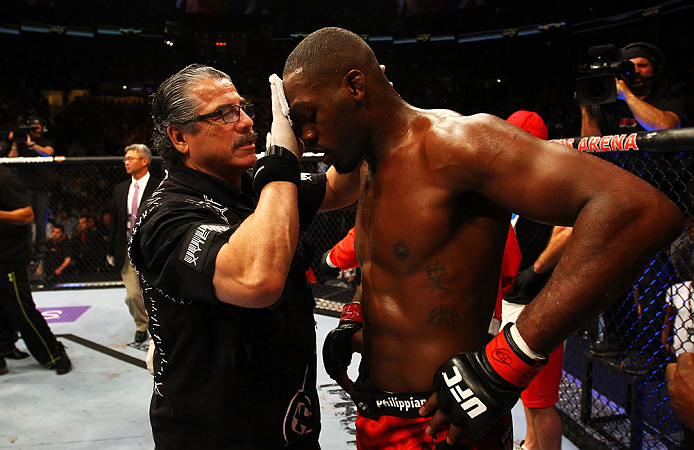 ATLANTA, GA - APRIL 21:  Jon Jones receives medical attention after defeating Rashad Evans by unanimous decision in their light heavyweight title bout for UFC 145 at Philips Arena on April 21, 2012 in Atlanta, Georgia.  (Photo by Al Bello/Zuffa LLC/Zuffa 