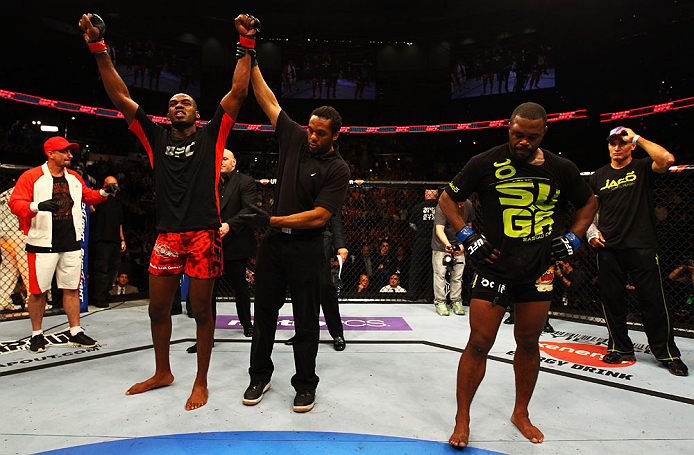 ATLANTA, GA - APRIL 21:  Jon Jones (L) celebrates defeating Rashad Evans (R) by unanimous decision in their light heavyweight title bout for UFC 145 at Philips Arena on April 21, 2012 in Atlanta, Georgia.  (Photo by Al Bello/Zuffa LLC/Zuffa LLC via Getty 