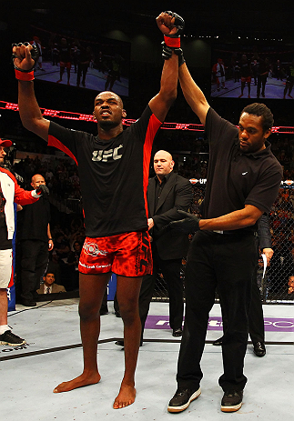 ATLANTA, GA - APRIL 21: Jon Jones celebrates defeating Rashad Evans by unanimous decision in their light heavyweight title bout for UFC 145 at Philips Arena on April 21, 2012 in Atlanta, Georgia. (Photo by Al Bello/Zuffa LLC/Zuffa LLC via Getty Images)
