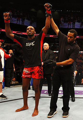 ATLANTA, GA - APRIL 21:  Jon Jones celebrates defeating Rashad Evans by unanimous decision in their light heavyweight title bout for UFC 145 at Philips Arena on April 21, 2012 in Atlanta, Georgia.  (Photo by Al Bello/Zuffa LLC/Zuffa LLC via Getty Images)