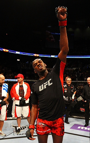 ATLANTA, GA - APRIL 21: Jon Jones celebrates defeating Rashad Evans by unanimous decision in their light heavyweight title bout for UFC 145 at Philips Arena on April 21, 2012 in Atlanta, Georgia. (Photo by Al Bello/Zuffa LLC/Zuffa LLC via Getty Images)