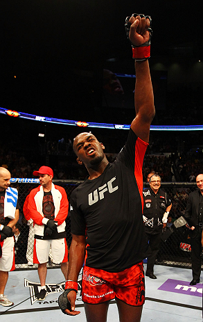 ATLANTA, GA - APRIL 21:  Jon Jones celebrates defeating Rashad Evans by unanimous decision in their light heavyweight title bout for UFC 145 at Philips Arena on April 21, 2012 in Atlanta, Georgia.  (Photo by Al Bello/Zuffa LLC/Zuffa LLC via Getty Images)