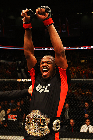 ATLANTA, GA - APRIL 21: Jon Jones celebrates defeating Rashad Evans by unanimous decision in their light heavyweight title bout for UFC 145 at Philips Arena on April 21, 2012 in Atlanta, Georgia. (Photo by Al Bello/Zuffa LLC/Zuffa LLC via Getty Images)