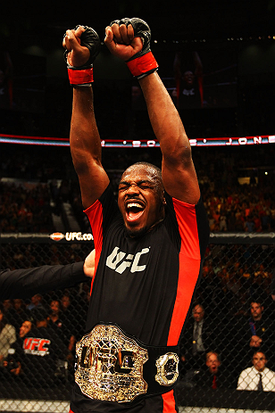 ATLANTA, GA - APRIL 21:  Jon Jones celebrates defeating Rashad Evans by unanimous decision in their light heavyweight title bout for UFC 145 at Philips Arena on April 21, 2012 in Atlanta, Georgia.  (Photo by Al Bello/Zuffa LLC/Zuffa LLC via Getty Images)