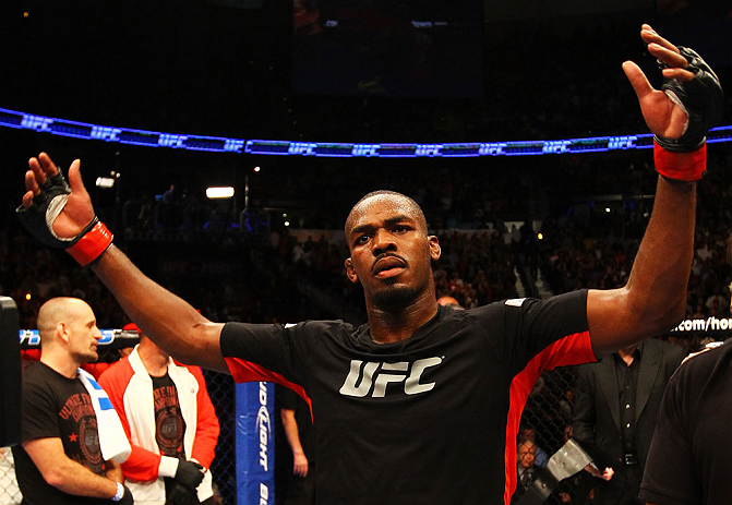 ATLANTA, GA - APRIL 21: Jon Jones celebrates defeating Rashad Evans by unanimous decision in their light heavyweight title bout for UFC 145 at Philips Arena on April 21, 2012 in Atlanta, Georgia. (Photo by Al Bello/Zuffa LLC/Zuffa LLC via Getty Images)