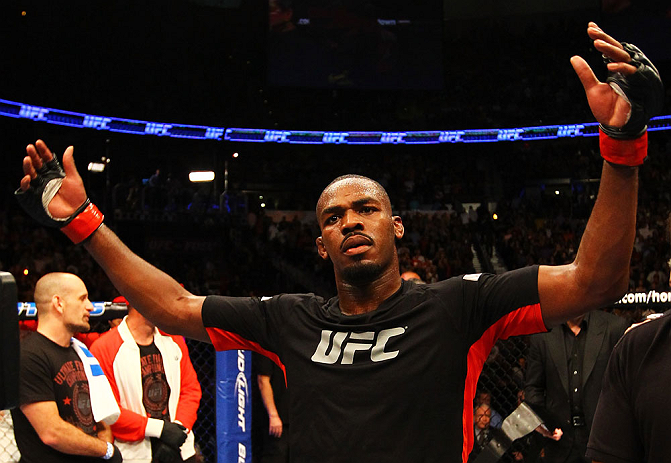 ATLANTA, GA - APRIL 21:  Jon Jones celebrates defeating Rashad Evans by unanimous decision in their light heavyweight title bout for UFC 145 at Philips Arena on April 21, 2012 in Atlanta, Georgia.  (Photo by Al Bello/Zuffa LLC/Zuffa LLC via Getty Images)