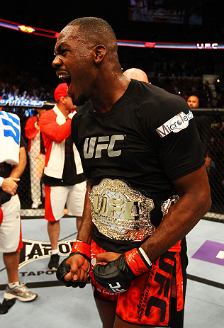 ATLANTA, GA - APRIL 21:  Jon Jones celebrates defeating Rashad Evans by unanimous decision in their light heavyweight title bout for UFC 145 at Philips Arena on April 21, 2012 in Atlanta, Georgia.  (Photo by Al Bello/Zuffa LLC/Zuffa LLC via Getty Images)