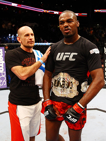 ATLANTA, GA - APRIL 21: Jon Jones celebrates defeating Rashad Evans by unanimous decision in their light heavyweight title bout for UFC 145 at Philips Arena on April 21, 2012 in Atlanta, Georgia. (Photo by Al Bello/Zuffa LLC/Zuffa LLC via Getty Images)