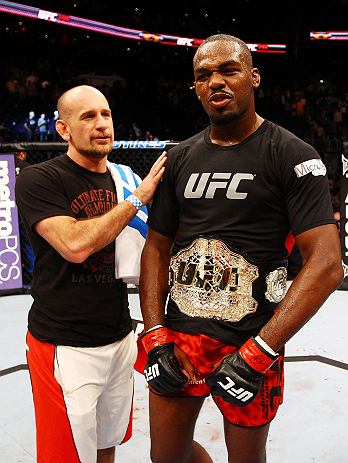 ATLANTA, GA - APRIL 21:  Jon Jones celebrates defeating Rashad Evans by unanimous decision in their light heavyweight title bout for UFC 145 at Philips Arena on April 21, 2012 in Atlanta, Georgia.  (Photo by Al Bello/Zuffa LLC/Zuffa LLC via Getty Images)