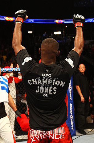 ATLANTA, GA - APRIL 21: Jon Jones celebrates defeating Rashad Evans by unanimous decision in their light heavyweight title bout for UFC 145 at Philips Arena on April 21, 2012 in Atlanta, Georgia. (Photo by Al Bello/Zuffa LLC/Zuffa LLC via Getty Images)