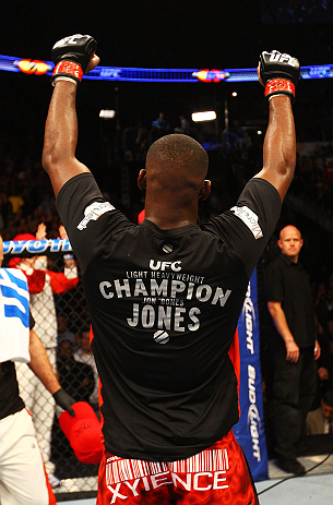 ATLANTA, GA - APRIL 21:  Jon Jones celebrates defeating Rashad Evans by unanimous decision in their light heavyweight title bout for UFC 145 at Philips Arena on April 21, 2012 in Atlanta, Georgia.  (Photo by Al Bello/Zuffa LLC/Zuffa LLC via Getty Images)