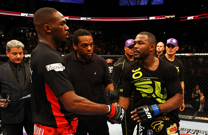 ATLANTA, GA - APRIL 21: Jon Jones (L) shakes hands wiith Rashad Evans after defeating him by unanimous decision in their light heavyweight title bout for UFC 145 at Philips Arena on April 21, 2012 in Atlanta, Georgia. (Photo by Al Bello/Zuffa LLC/Zuffa