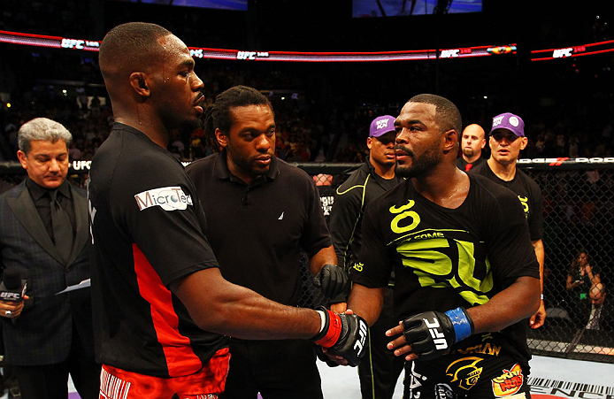 ATLANTA, GA - APRIL 21:  Jon Jones (L) shakes hands wiith Rashad Evans after defeating him by unanimous decision in their light heavyweight title bout for UFC 145 at Philips Arena on April 21, 2012 in Atlanta, Georgia.  (Photo by Al Bello/Zuffa LLC/Zuffa 