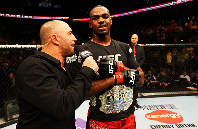 ATLANTA, GA - APRIL 21:  Jon Jones is interviewed after defeating Rashad Evans by unanimous decision in their light heavyweight title bout for UFC 145 at Philips Arena on April 21, 2012 in Atlanta, Georgia.  (Photo by Al Bello/Zuffa LLC/Zuffa LLC via Gett