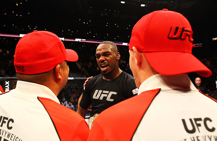 ATLANTA, GA - APRIL 21: Jon Jones celebrates defeating Rashad Evans by unanimous decision in their light heavyweight title bout for UFC 145 at Philips Arena on April 21, 2012 in Atlanta, Georgia. (Photo by Al Bello/Zuffa LLC/Zuffa LLC via Getty Images)